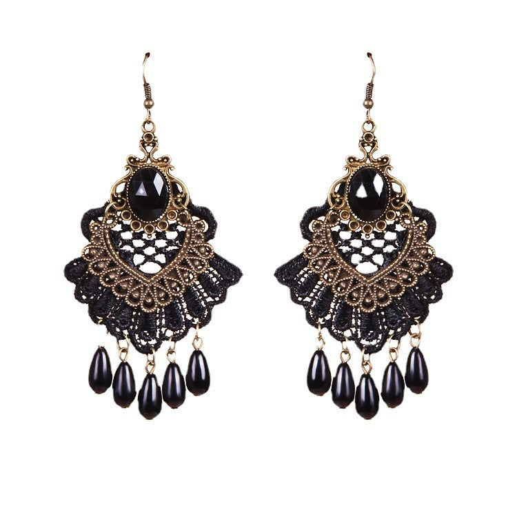 New European and American Stud Ladies Noble Earrings Antique Black Tassel Lace Earrings Foreign Trade Jewelry Spot Wholesale