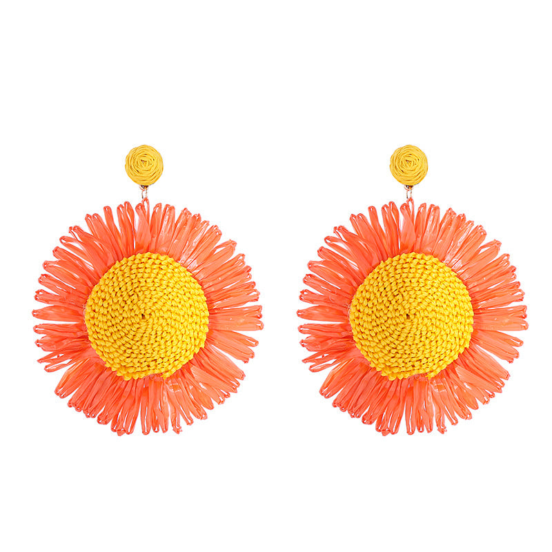 European and American cross-border hot selling hand-woven earrings, raffia, sunflowers, large flowers, earrings, personality, pastoral style earrings