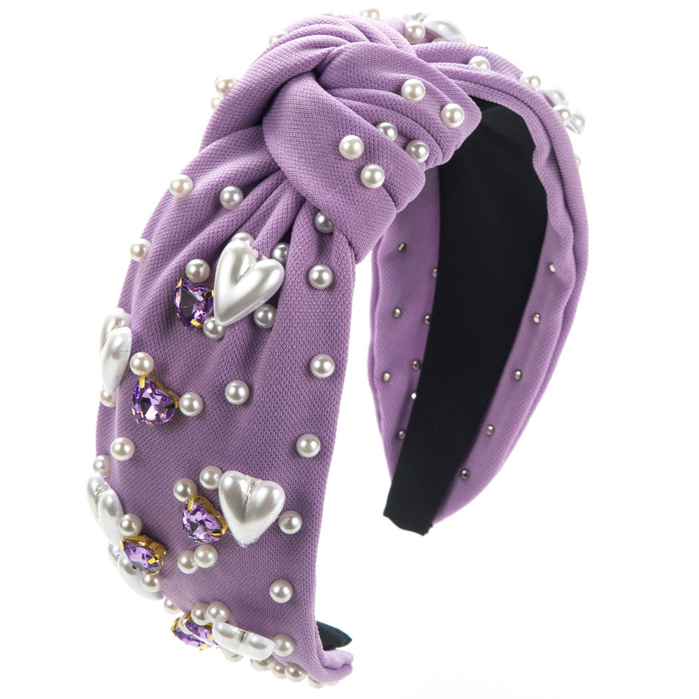 Korean version fashion sweet love pearl headband women's cross-border new diamond beads wide-edge knotted hair jewelry wholesale
