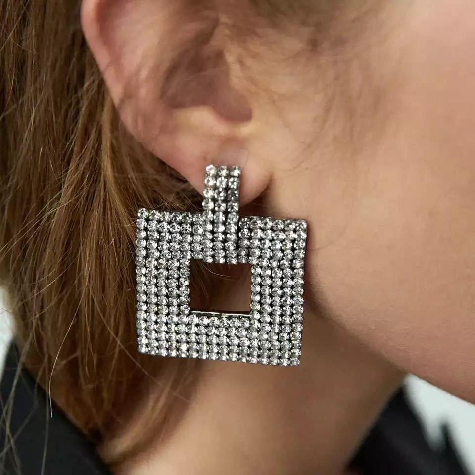 ins European and American fashion color rhinestone series hollow square earrings Personality and creativity full of diamonds and super flash temperament studs