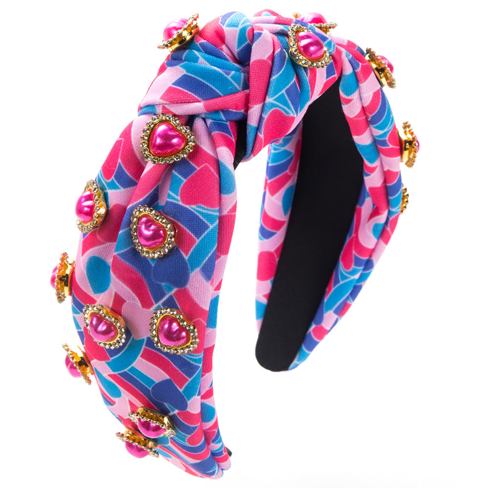 Korean version fashion new cute fairy headband knotted fabric diamond inlaid heart accessories decorative red headband wholesale