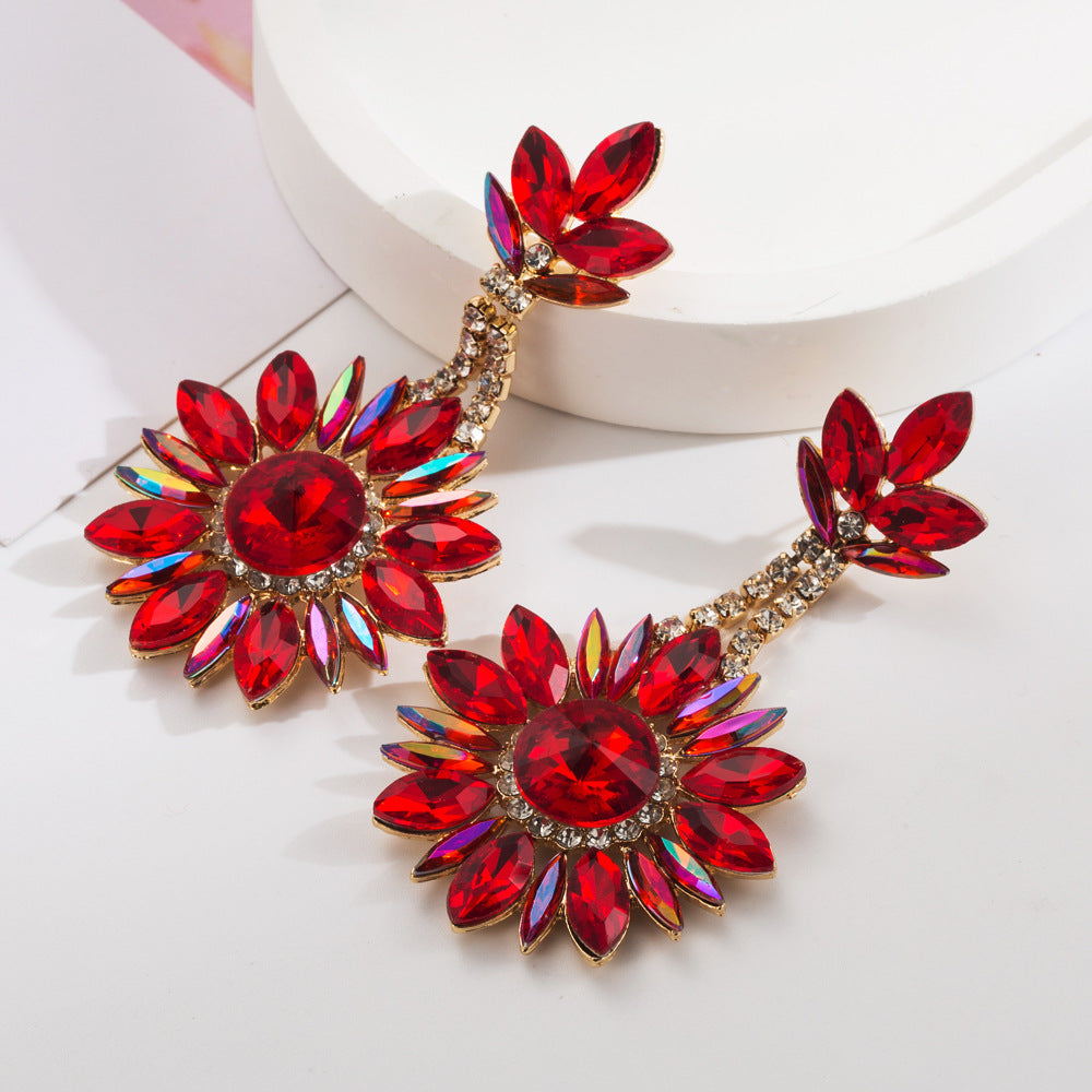 European and American new cross-border flower pendant earrings luxury exaggerated color full diamond round long banquet earrings wholesale
