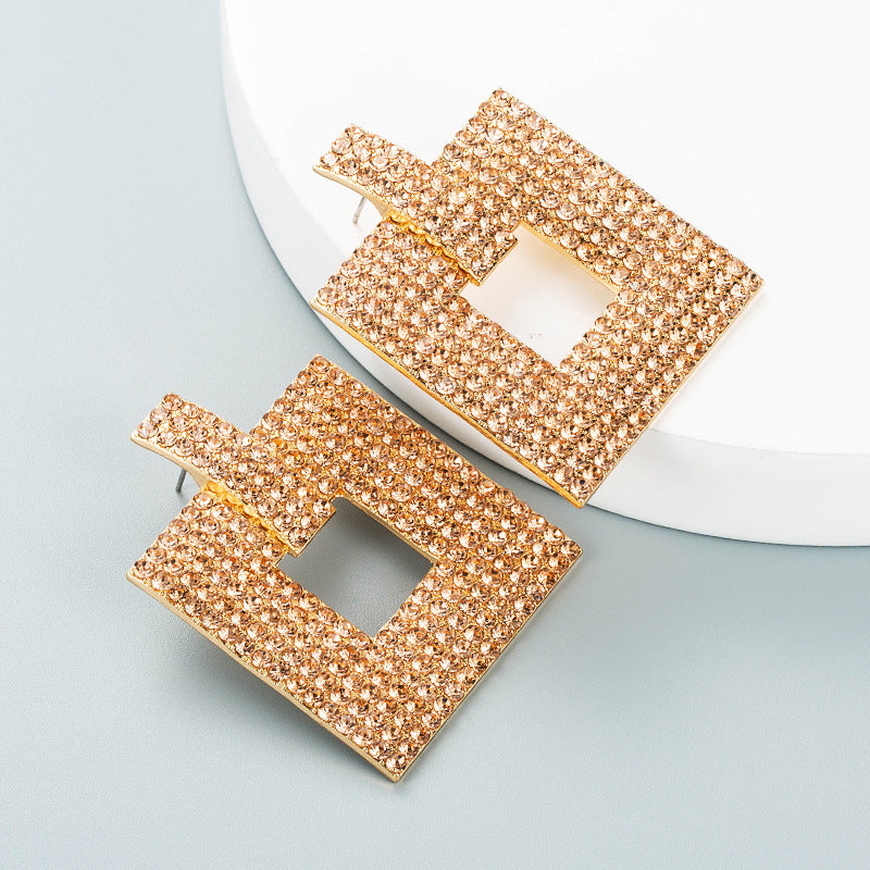 ins European and American fashion color rhinestone series hollow square earrings Personality and creativity full of diamonds and super flash temperament studs