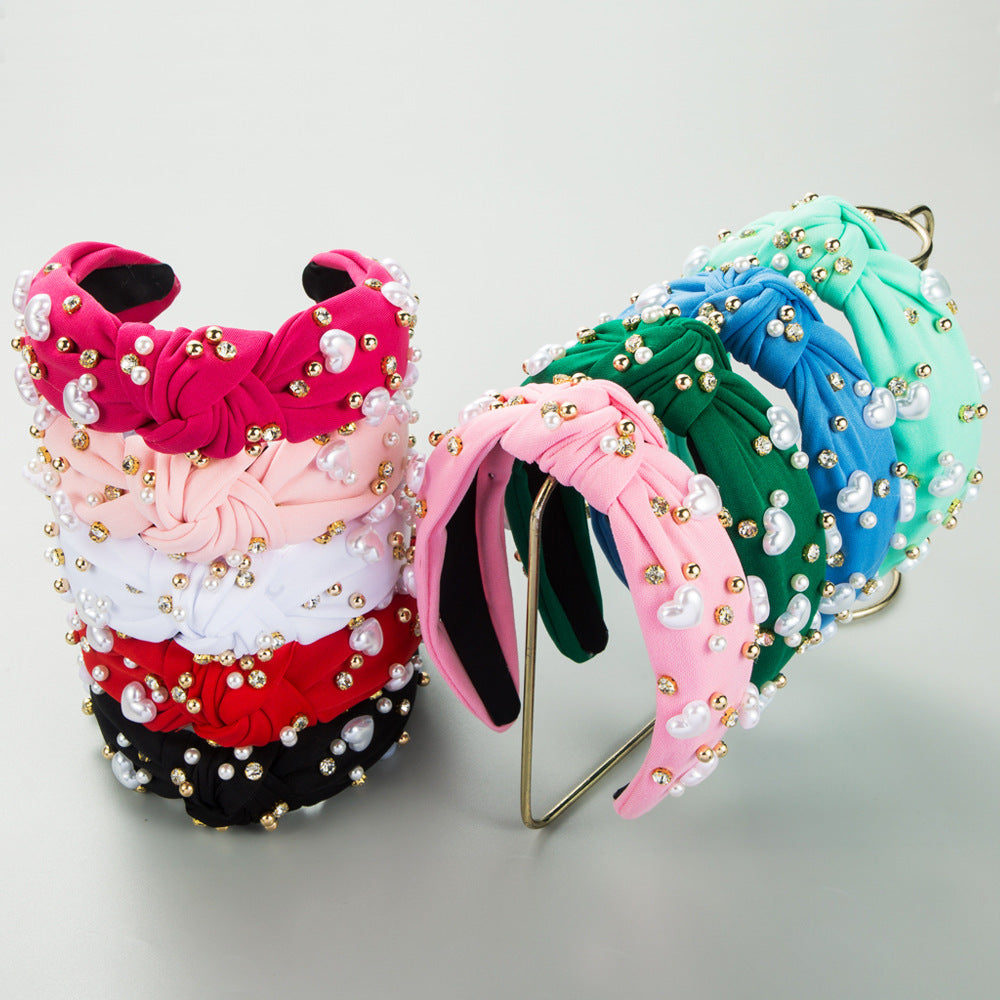 European and American fashion trends, love pearl headbands, women's wide edges, knots, beads, versatile, high skull hair accessories, cross-border supply
