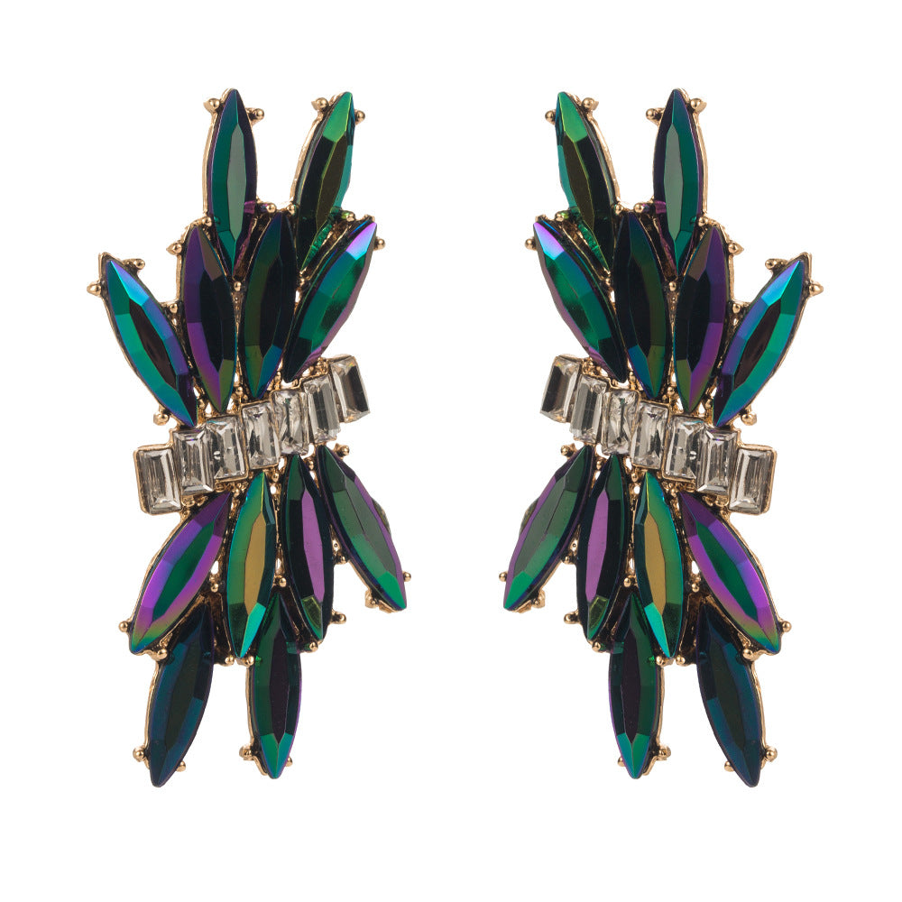 Cross-border European and American simple retro geometric earrings, women's personality, light luxury, inlaid with colored glass diamonds, high-end banquet earrings