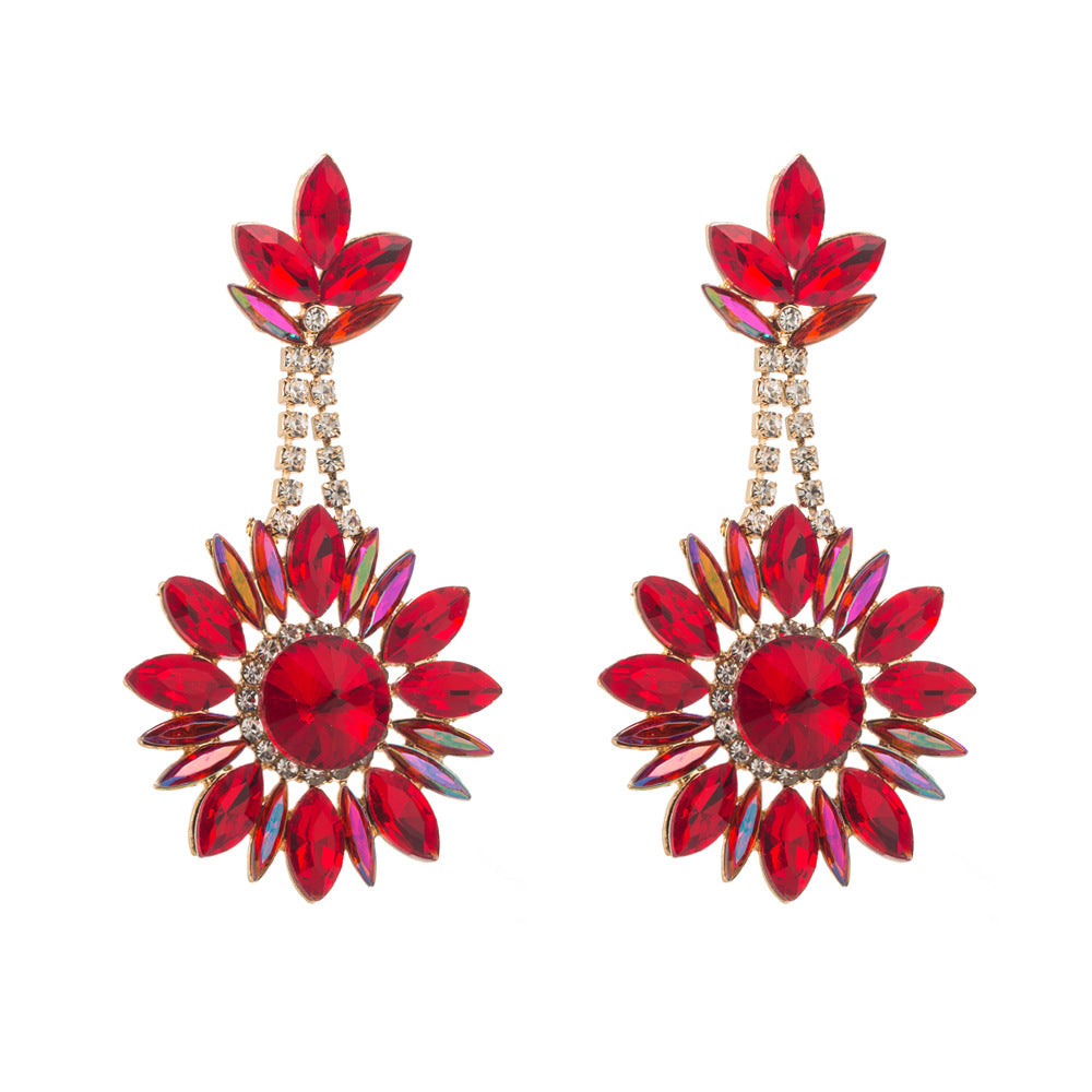 European and American new cross-border flower pendant earrings luxury exaggerated color full diamond round long banquet earrings wholesale