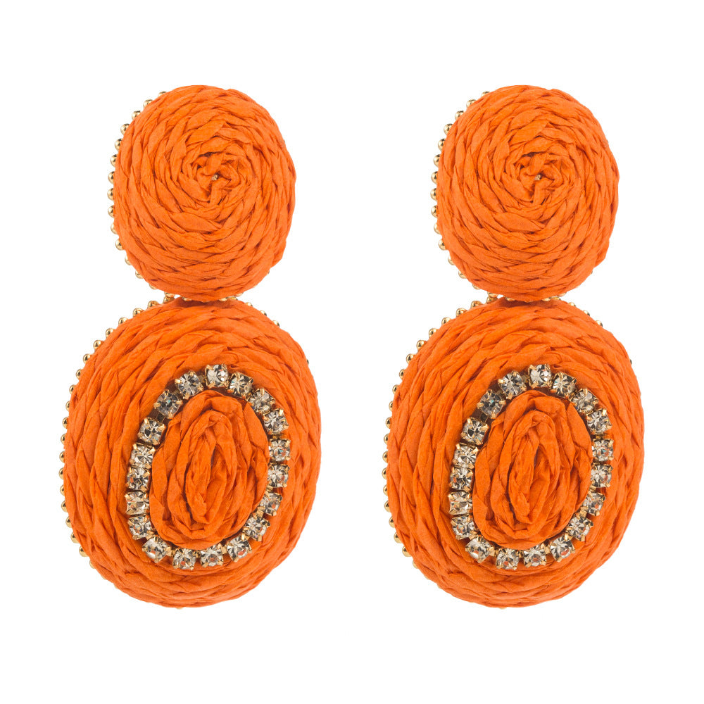 European and American hand-woven raffia with diamonds, exaggerated personality drop earrings, bohemian resort style versatile earrings, earrings