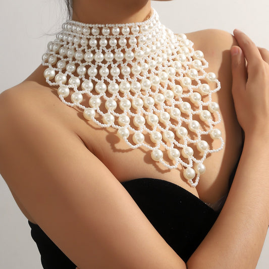 New Exaggerated Neck Choker European Vintage Wedding Dress Elegant Scalloped Shawl Hollow Beaded Necklace