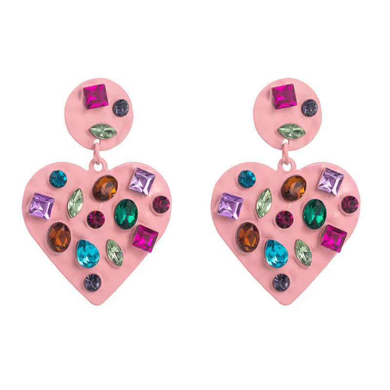 European and American fashion exaggerated heart-shaped earrings, alloy lacquer inlaid with colored rhinestone earrings, trendy simple personality earrings