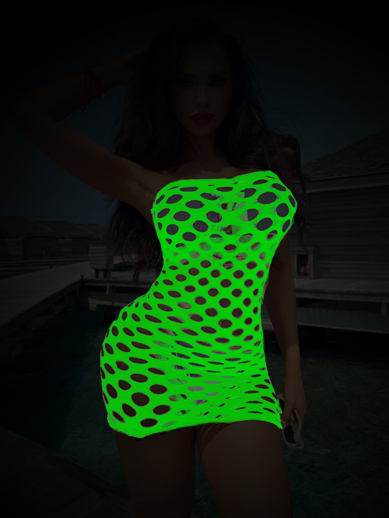 New European and American luminous sexy cut-out seduction glow reflective dress bikini net pants combination