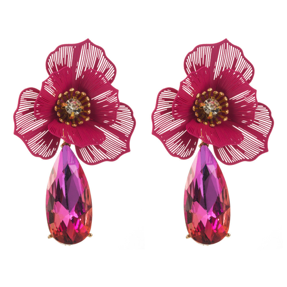 European and American trend: summer diamond-studded flower earrings, exaggerated personality, creative dazzling water drop earrings, light luxury temperament earrings