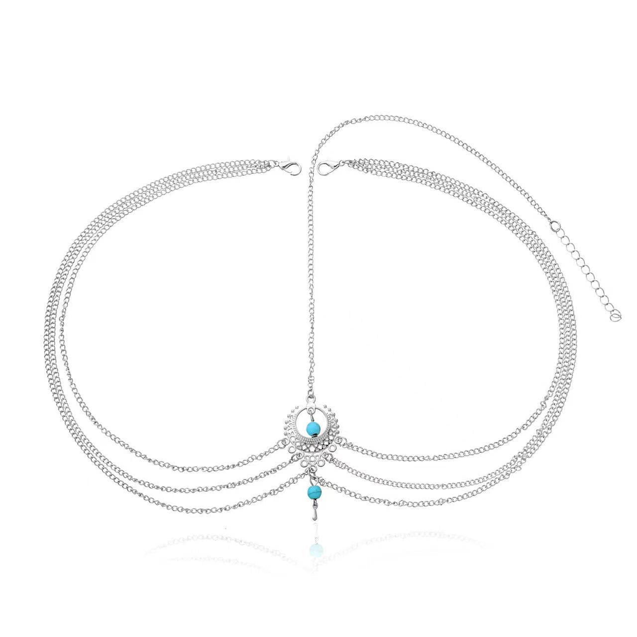 The new foreign trade hair ornament is European and American retro ethnic style hollow turquoise water drop tassel multi-layer simple hair head bracelet