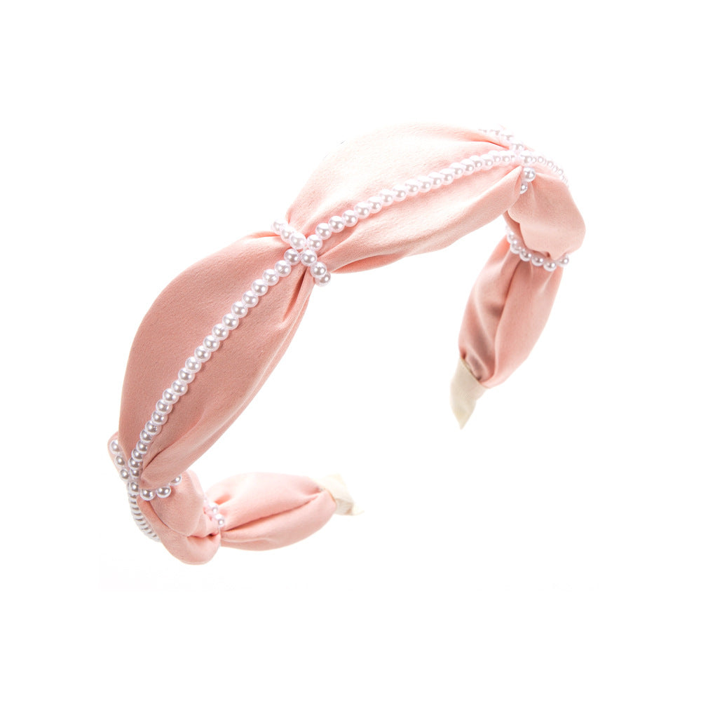 Korean-style pleated wide-brimmed fabric headband, temperament, pearl high-end, foreign-style solid color headband, French-style face-showing small hair ornament