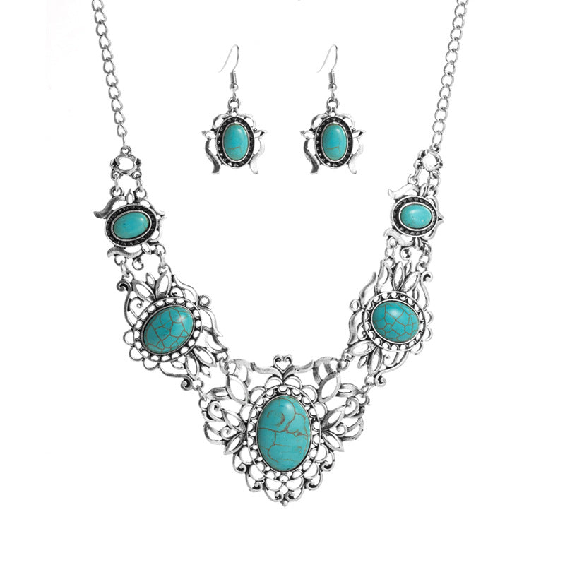 European and American exaggerated necklace women's alloy high-quality temperament earrings necklace retro turquoise pattern clavicle chain set