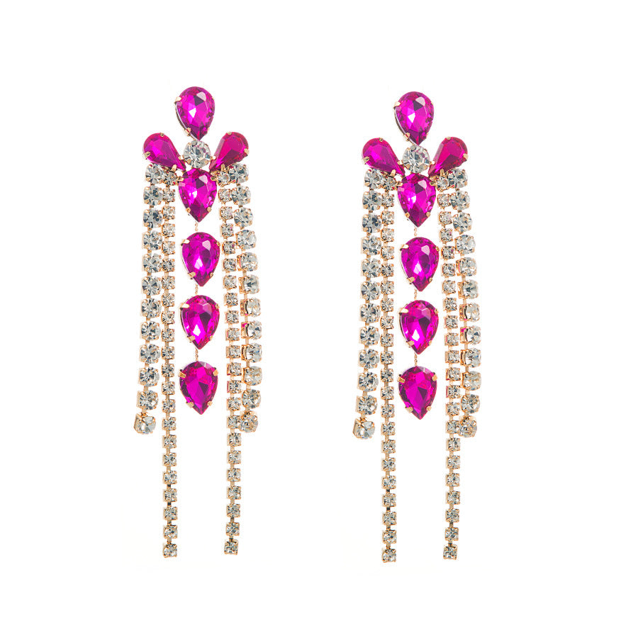 European and American personality exaggerated, multi-layered geometric glass, diamond and diamond tassel earrings, feminine diamond catwalk earrings