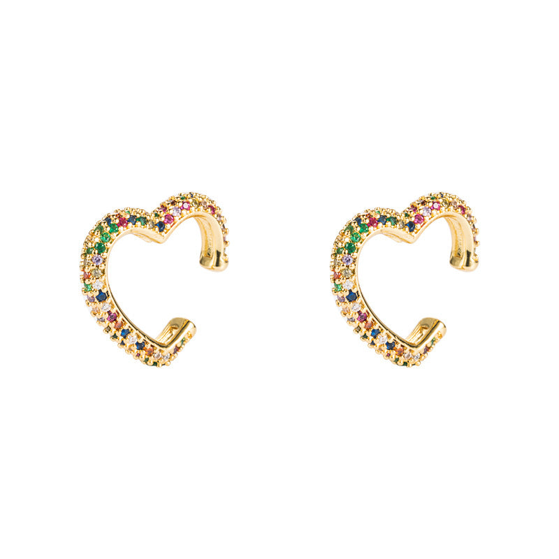 ins with the same source, cross-border European and American fashion, love-shaped, pierced, ear clips, copper micro-inlaid zircon, hip-hop style earrings