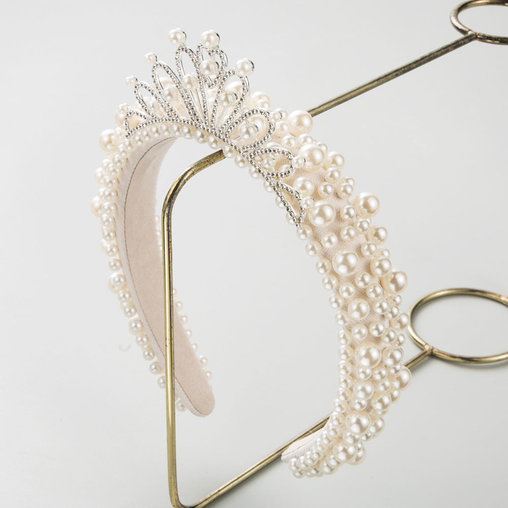 New niche light luxury bridal headband Korean high-end white pearl princess crown high skull top hair ornament hairpin