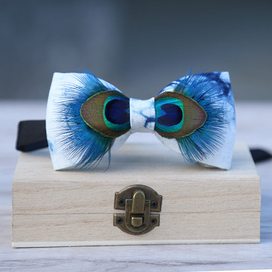 Formal wear men's blue dye bow tie feather collar flower bow tie blue spot bow tie men's bow host accessories