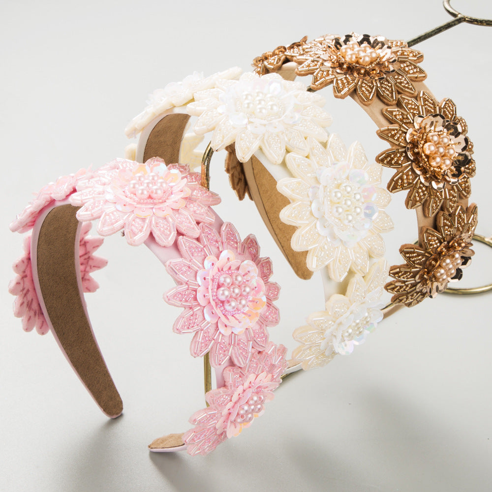 Heming headband, Korean version of Xiao Xiangfeng, hand-sewn floral headband, temperament, versatile, wide-edged, pearl-inlaid sequins hair ornament