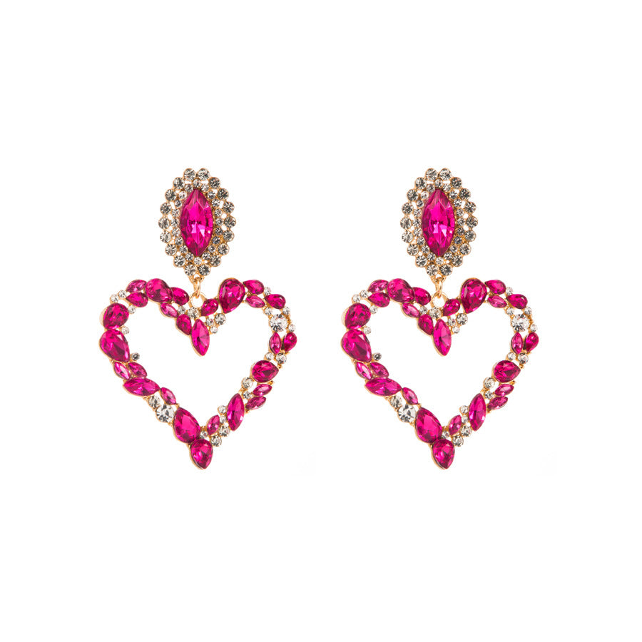 European and American popular heart-shaped alloy set with colored diamonds, retro temperament, exaggerated earrings, women's Korean version of the hipster, super flashy full of diamond earrings