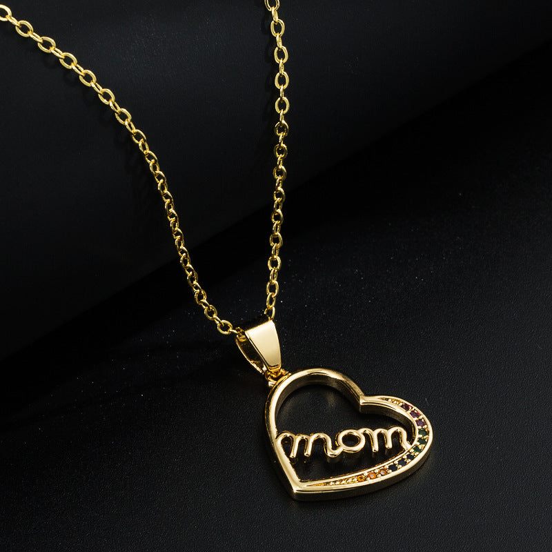 European and American cross-border fashion copper gold-plated micro-inlaid zircon simple heart pendant necklace Mother's Day MOM necklace accessories