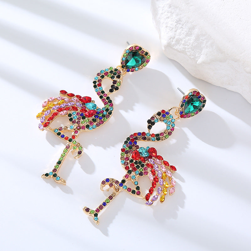 European and American exaggerated new stud earrings animal series rhinestone flamingo earrings women's long earrings exaggerated personality earrings