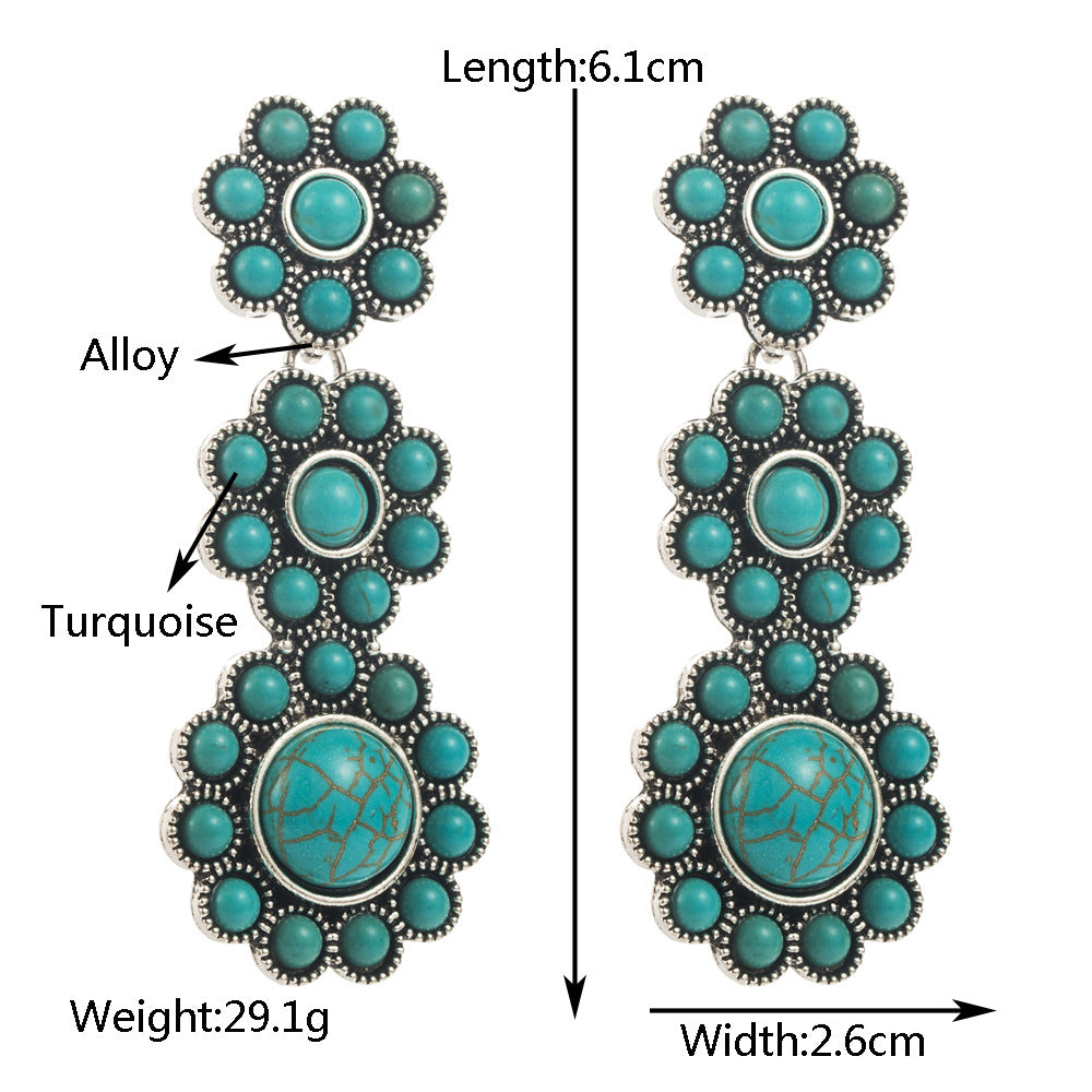 Cross-border European and American independent station exaggerated turquoise earrings retro fashion new geometric multi-layer long earrings wholesale