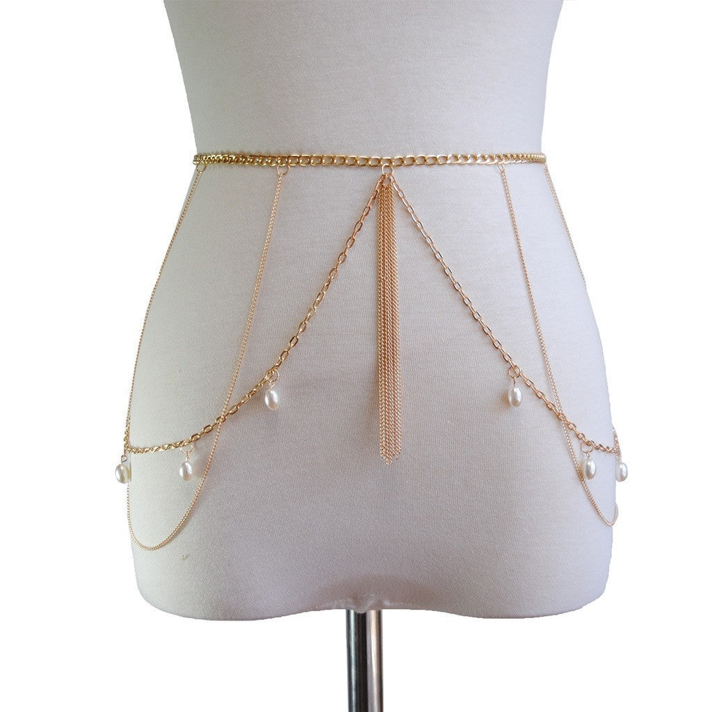 The new European and American cross-border waist chain is simple and individual, versatile waist chain, metal pearl, multi-layer tassel, fashion body chain