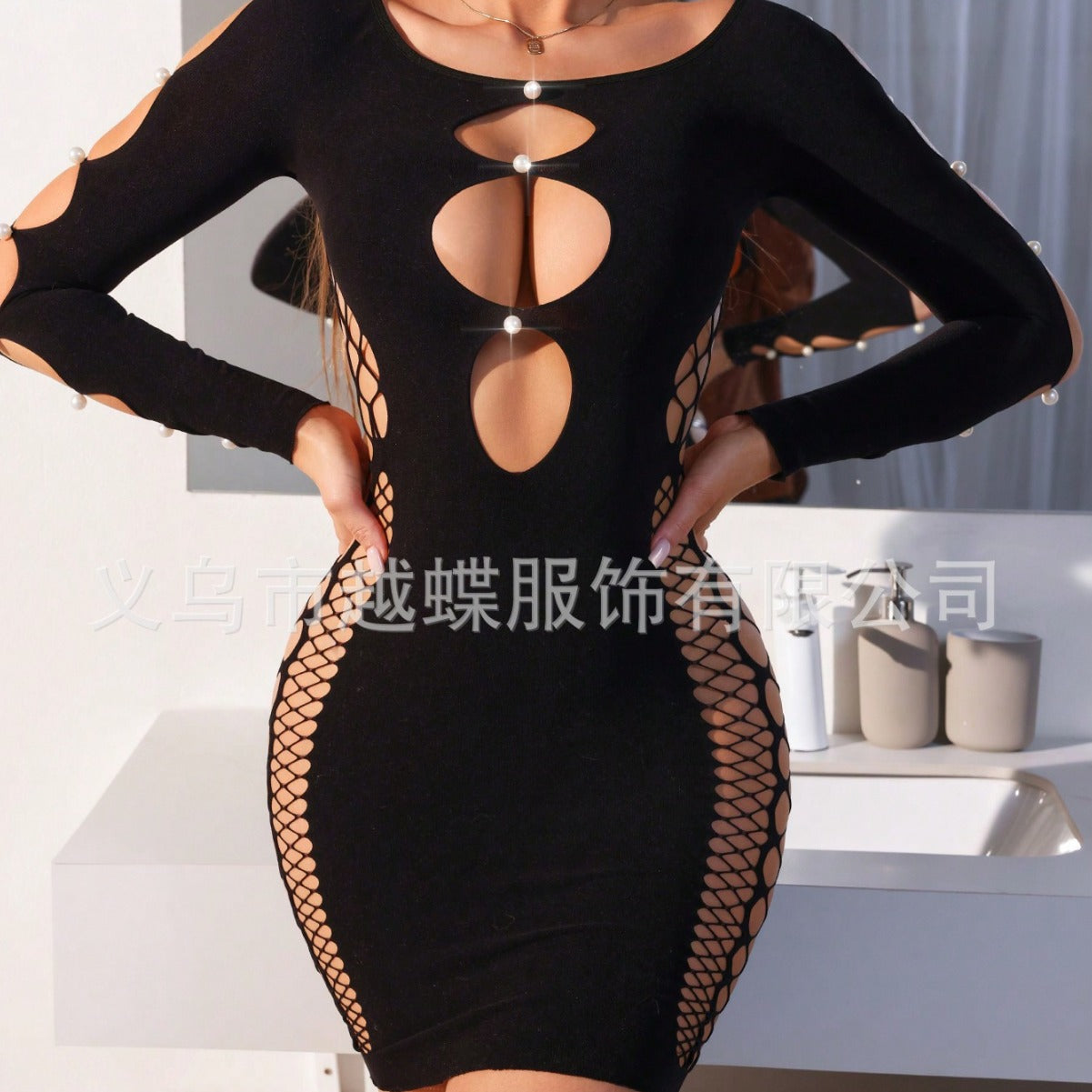 Yue Die, European and American new sexy see-through hollow erotic long-sleeved tight hip skirt temptation cross-border new CYT710