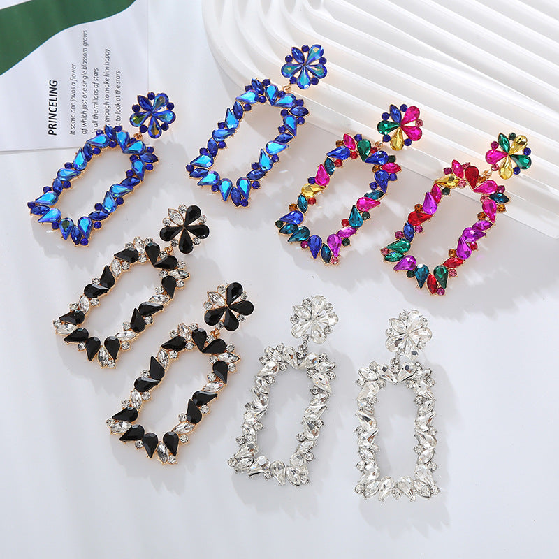 European and American retro exaggerated large square S925 silver pin earrings fashion trend versatile alloy inlaid diamond earrings wholesale