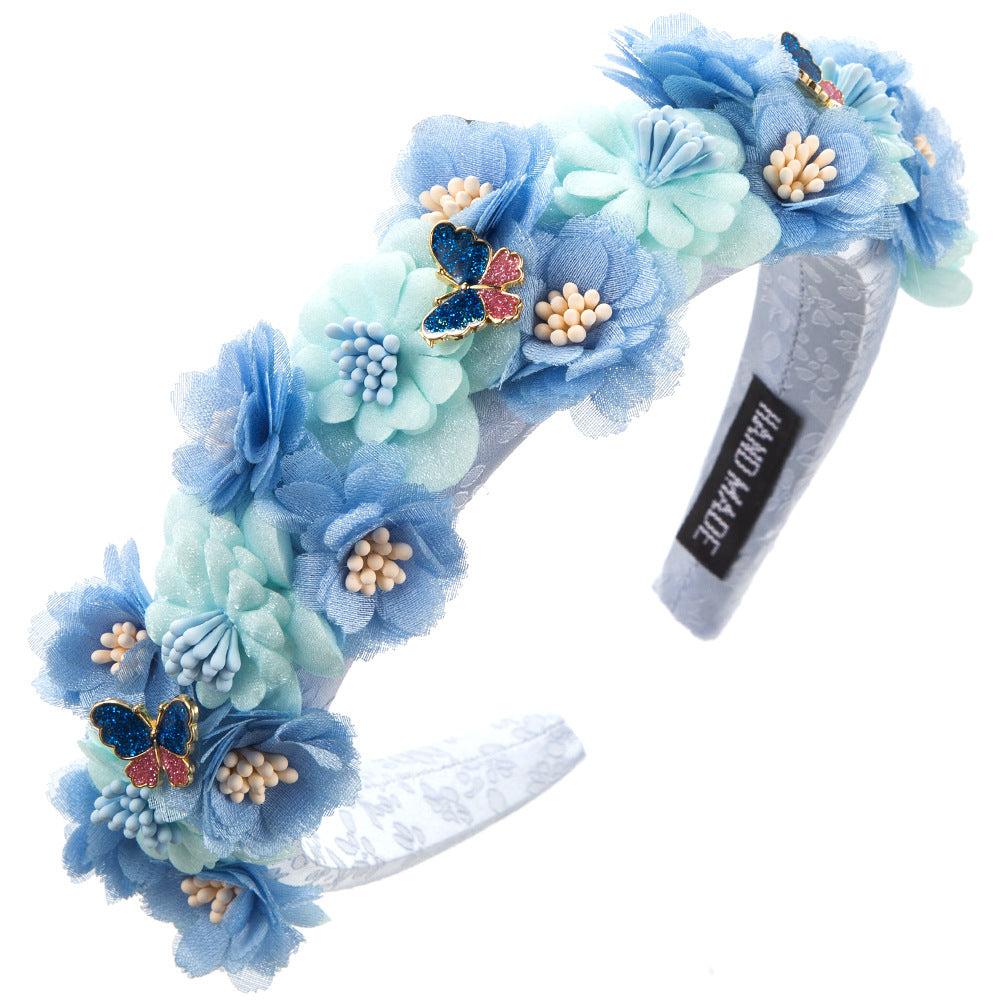 Korean printed fabric pastoral style headband, sweet flowers, butterflies, high-quality outward hair cards, elegant temperament, hair accessories