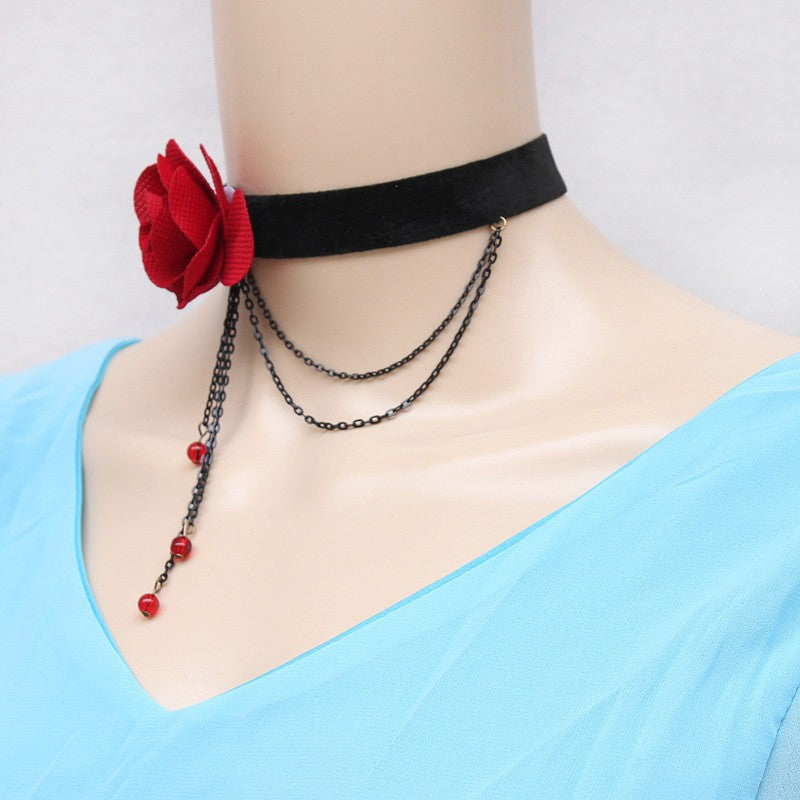 New European and American cross-border accessories vintage rose tassel pendant queen fan chocker necklace collar