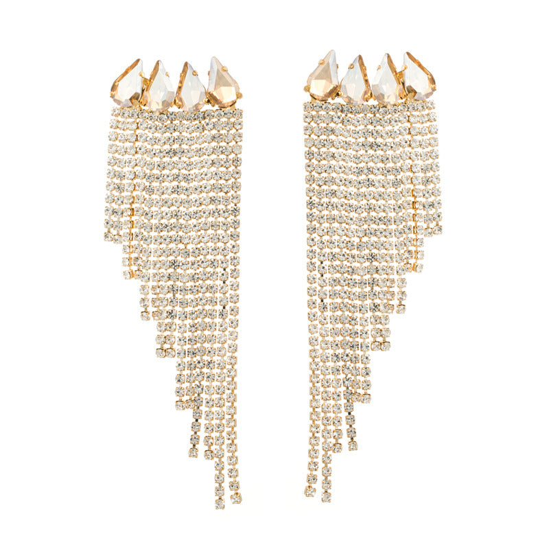 925 silver needle super flash claw chain alloy inlaid with diamonds long tassel earrings female European and American banquet exaggerated earrings wholesale
