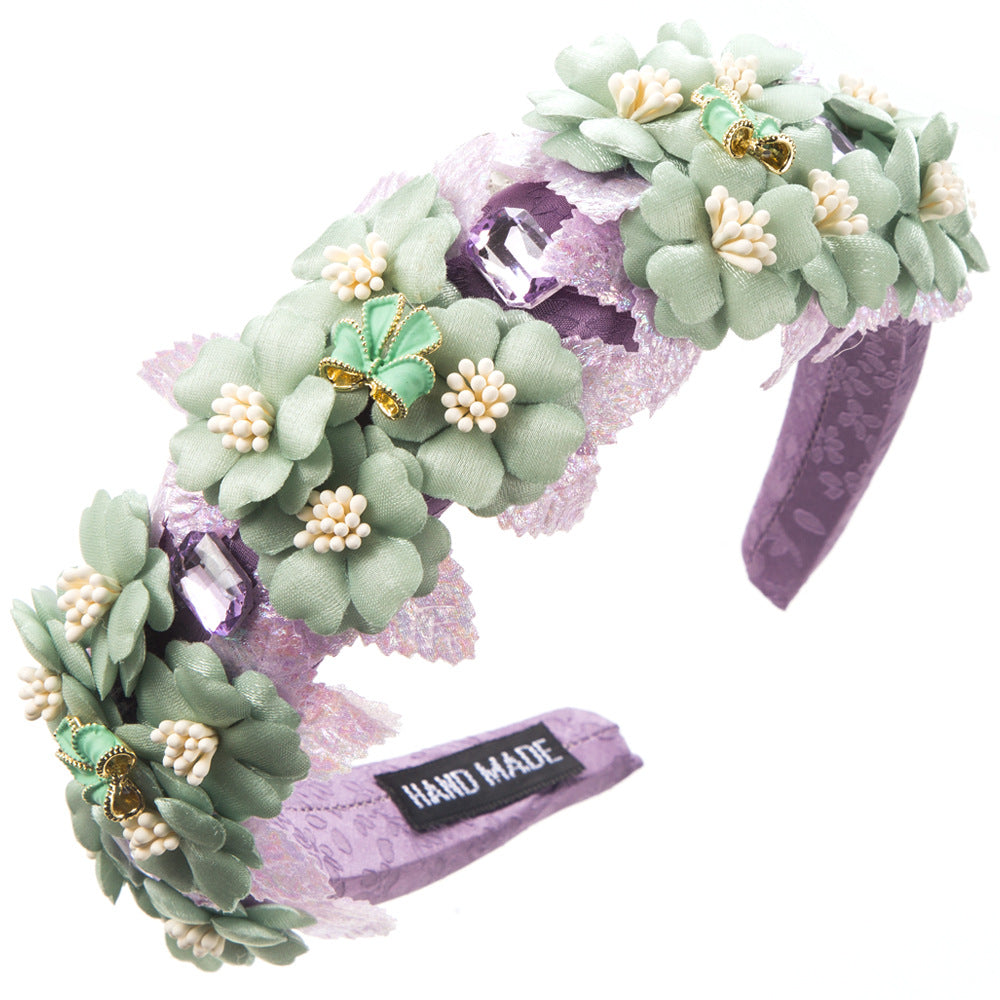 Korean printed fabric, fashionable artificial flower headband, sweet and fresh, diamond-studded, high-quality outing, elegant hair accessories