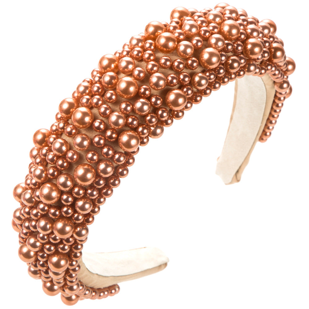 European and American fashion versatile color plastic pearl headbands women's light luxury autumn and winter sponge fabric high skull headband wholesale