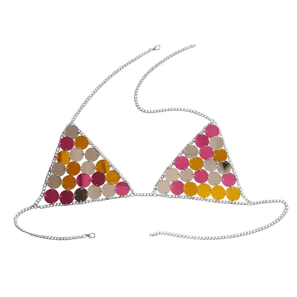 New European and American cross-border personality exaggerated sexy chest chain bikinia acrylic colorful sequin jewelry body chain