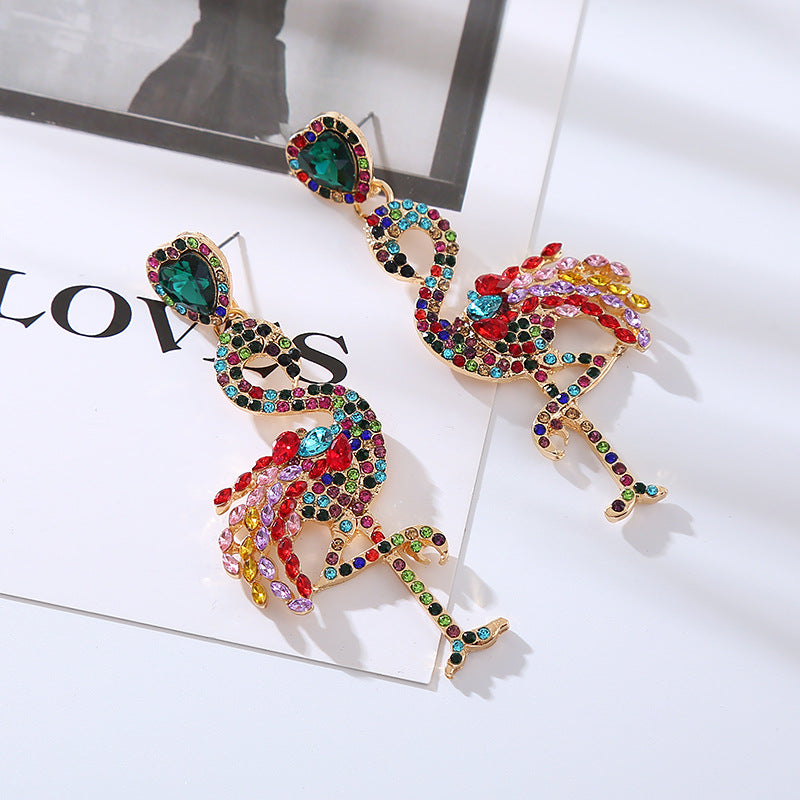 European and American exaggerated new stud earrings animal series rhinestone flamingo earrings women's long earrings exaggerated personality earrings