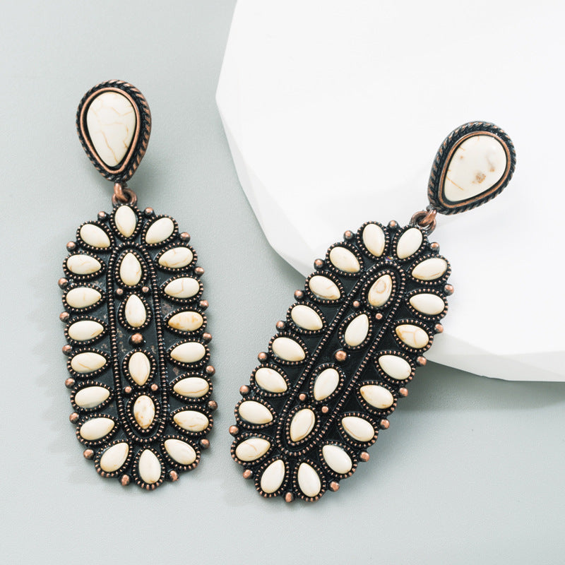 European and American retro copper-plated exaggerated earrings, women's alloy inlaid with white turquoise, high-quality earrings, independent station hit