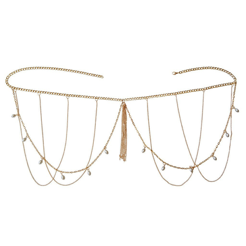 The new European and American cross-border waist chain is simple and individual, versatile waist chain, metal pearl, multi-layer tassel, fashion body chain