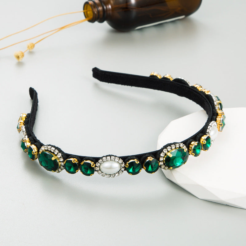 Korean New Fashion Luxury Colored Diamond Gem Headband Women's Baroque Rhinestone Pearl Thin Edge Headband Headband