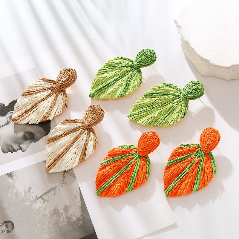 European and American new retro bohemian style earrings women's personality versatile raffia leaf earrings