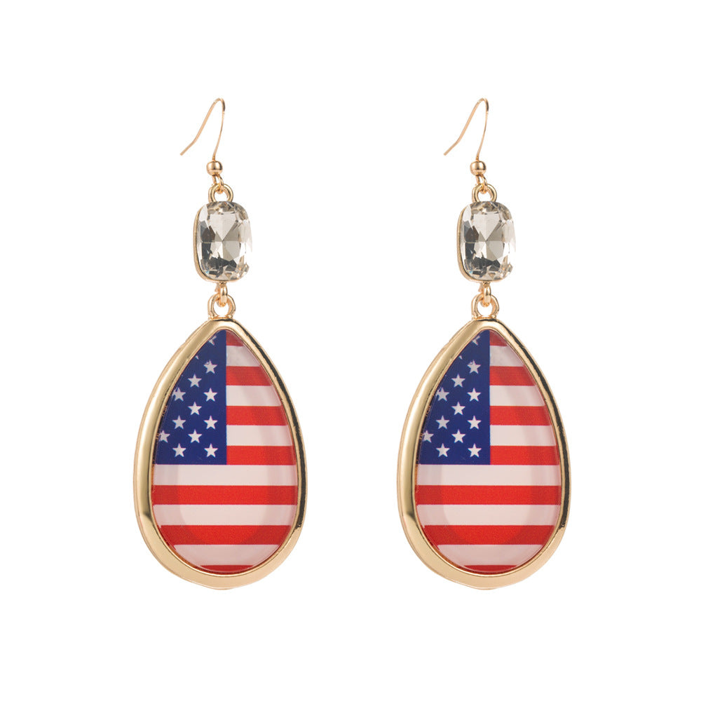 European and American cross-border American Independence Day earrings alloy inlaid with acrylic diamonds, red, white and blue printed flag earrings, earrings, earrings