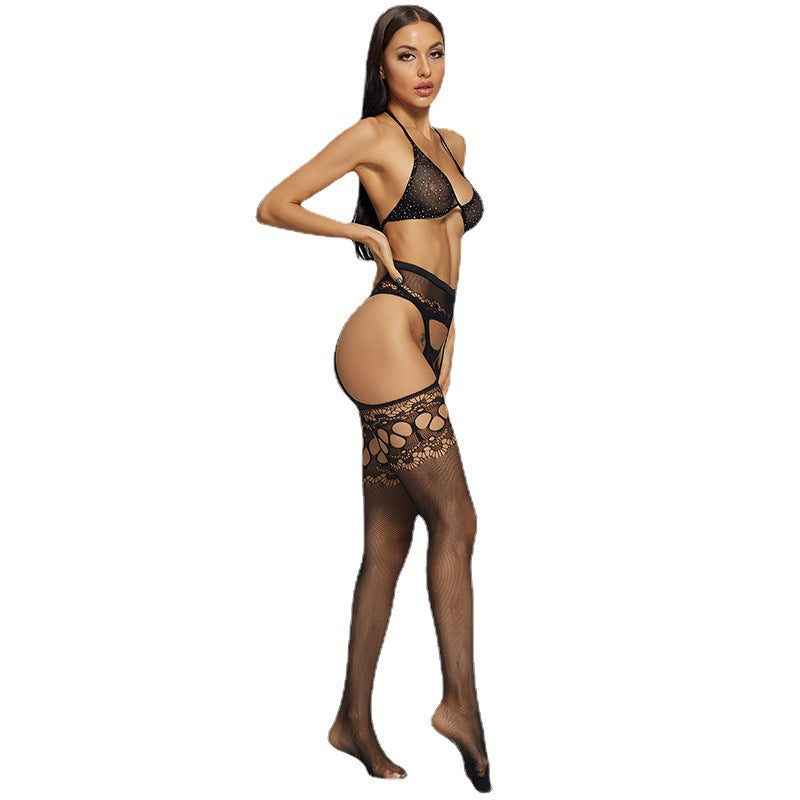 European and American hot one on behalf of the hair more butterfly erotic see-through hollow temptation fishnet socks hot diamond bra set 6092