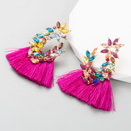 Cross-border fashion Ins style alloy inlay rhinestone creative tassel color-block earrings women's high-end temperament earrings wholesale