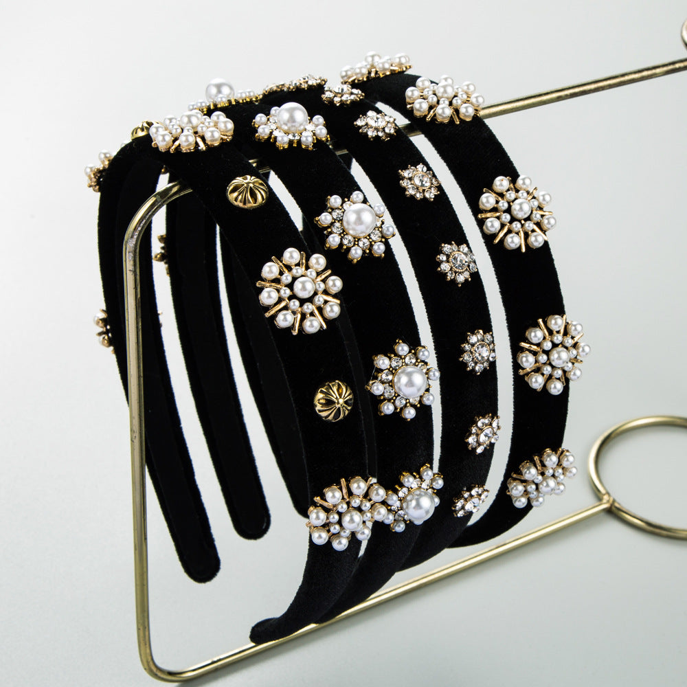 European and American fashion temperament, new velvet inlaid rhinestones, pearl headbands, female Internet celebrities, sweet personality, simple headbands, wholesale