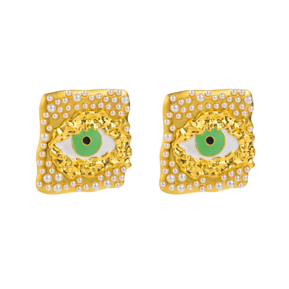 European and American vintage antique gold exaggerated devil's eye silver needle earrings female alloy dripping oil inlaid resin pearl earrings