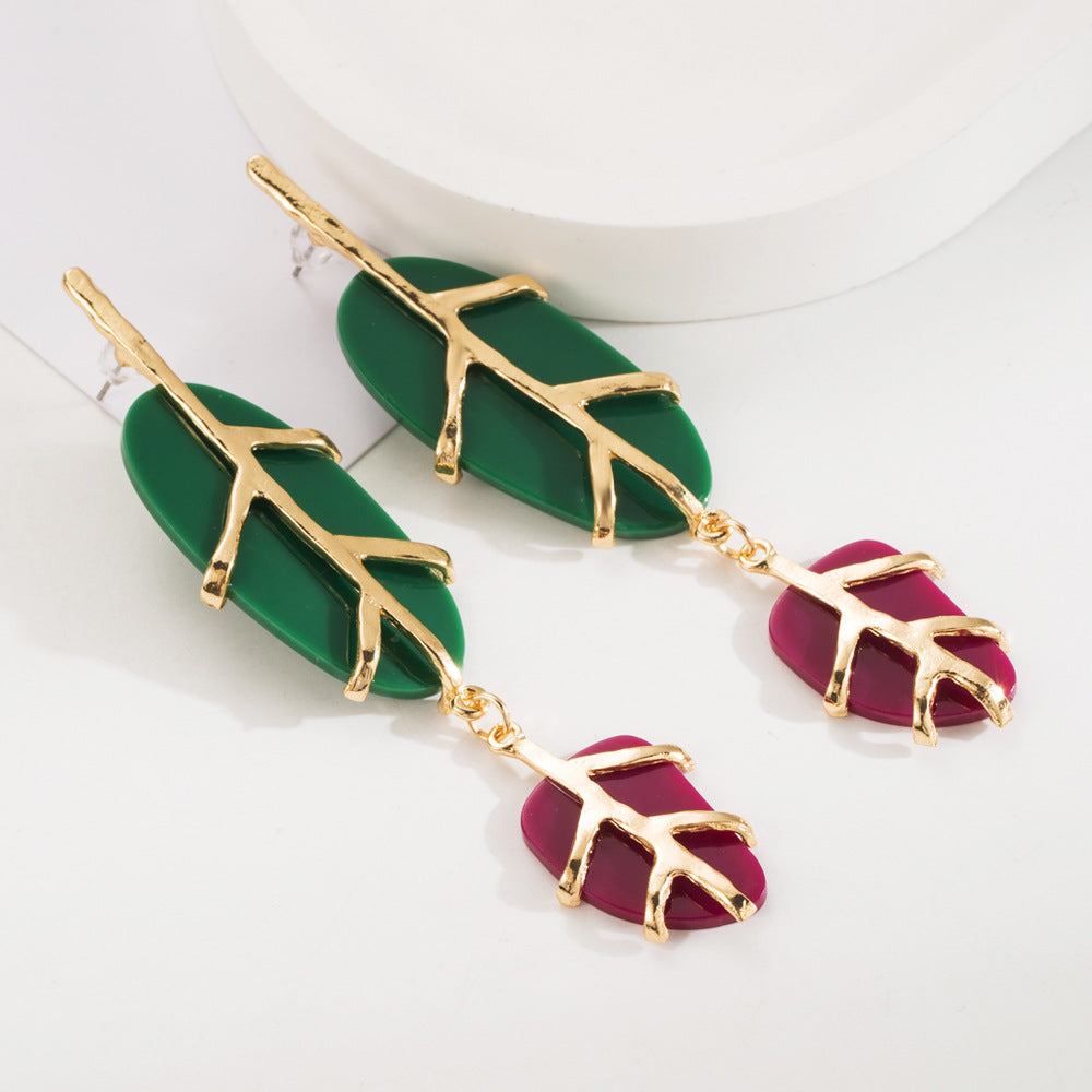 European and American cross-border new plant leaf earrings alloy inlaid resin personality earrings fashion atmosphere party earrings women