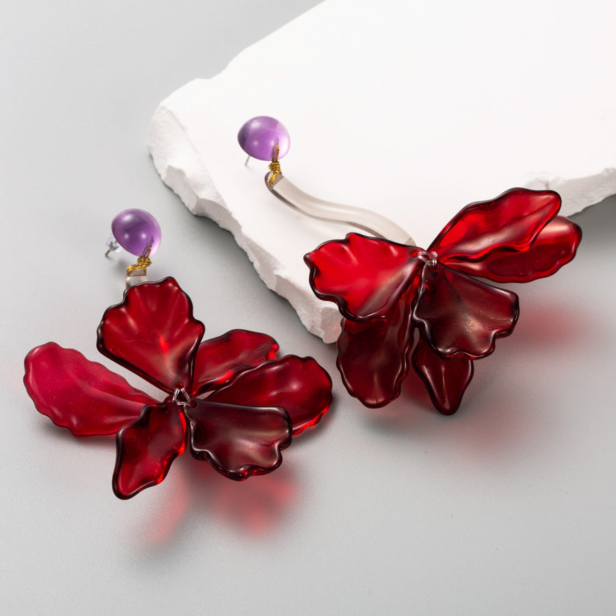 European and American fashion exaggerated earrings, long resin flower earrings, fresh temperament, simple niche petal earrings wholesale