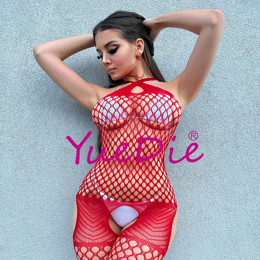 Yue Die's new European and American sex stockings open pajamas sexy tight mesh high-waisted mesh clothes wisp hollow multicolor 9600