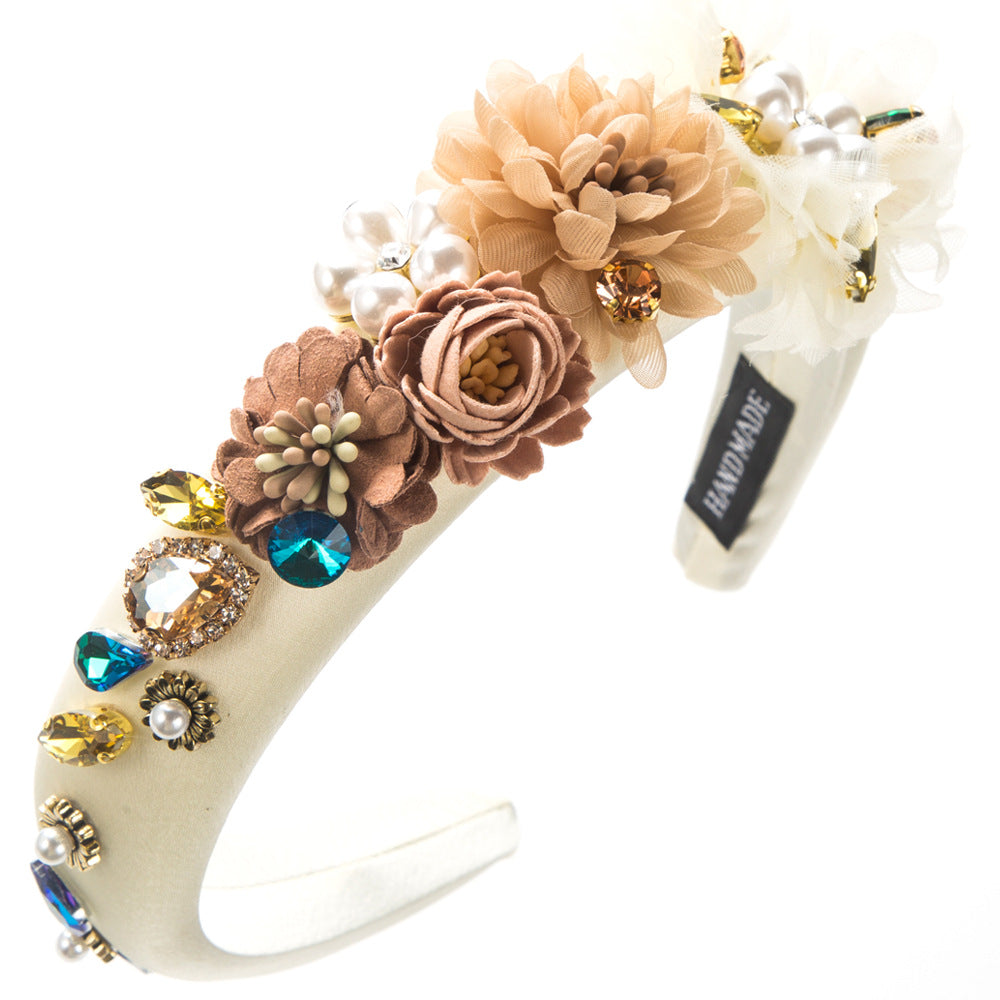 Cross-border new Korean version of floral temperament headband female sponge high skull top inlaid with glass diamonds pearl flower party hair accessories